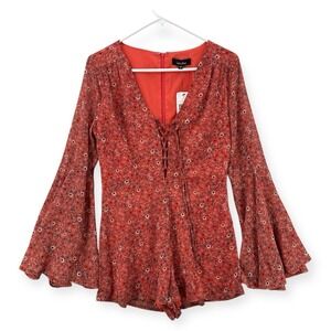 Lea & Viola Shorts Romper Womens Small Orange Floral Bell Sleeve Metallic NWT